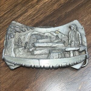 Vintage Bergamot Brass Works logger lumberjack saw belt buckle 1981